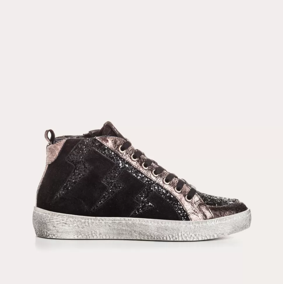Baskets^Reqins Baskets Brienne Mix Cuir Velours/Glitter Noir, Noir/Acier
