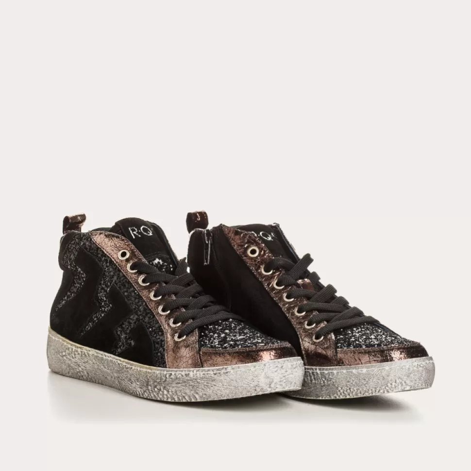 Baskets^Reqins Baskets Brienne Mix Cuir Velours/Glitter Noir, Noir/Acier