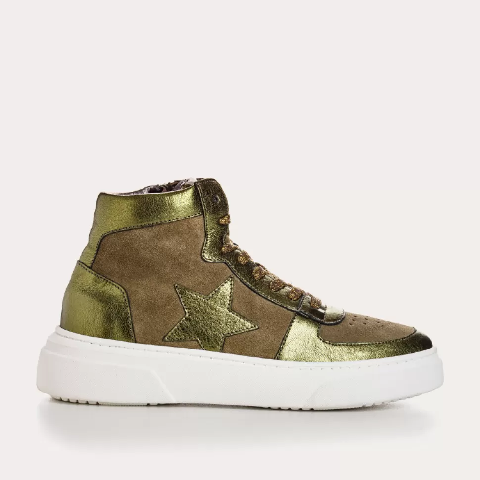 Baskets^Reqins Baskets Loan Mix Cuir Velours Vert, Kaki