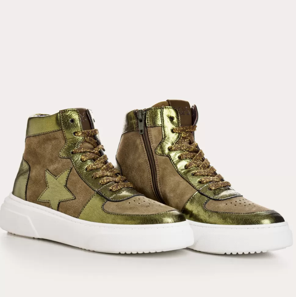 Baskets^Reqins Baskets Loan Mix Cuir Velours Vert, Kaki