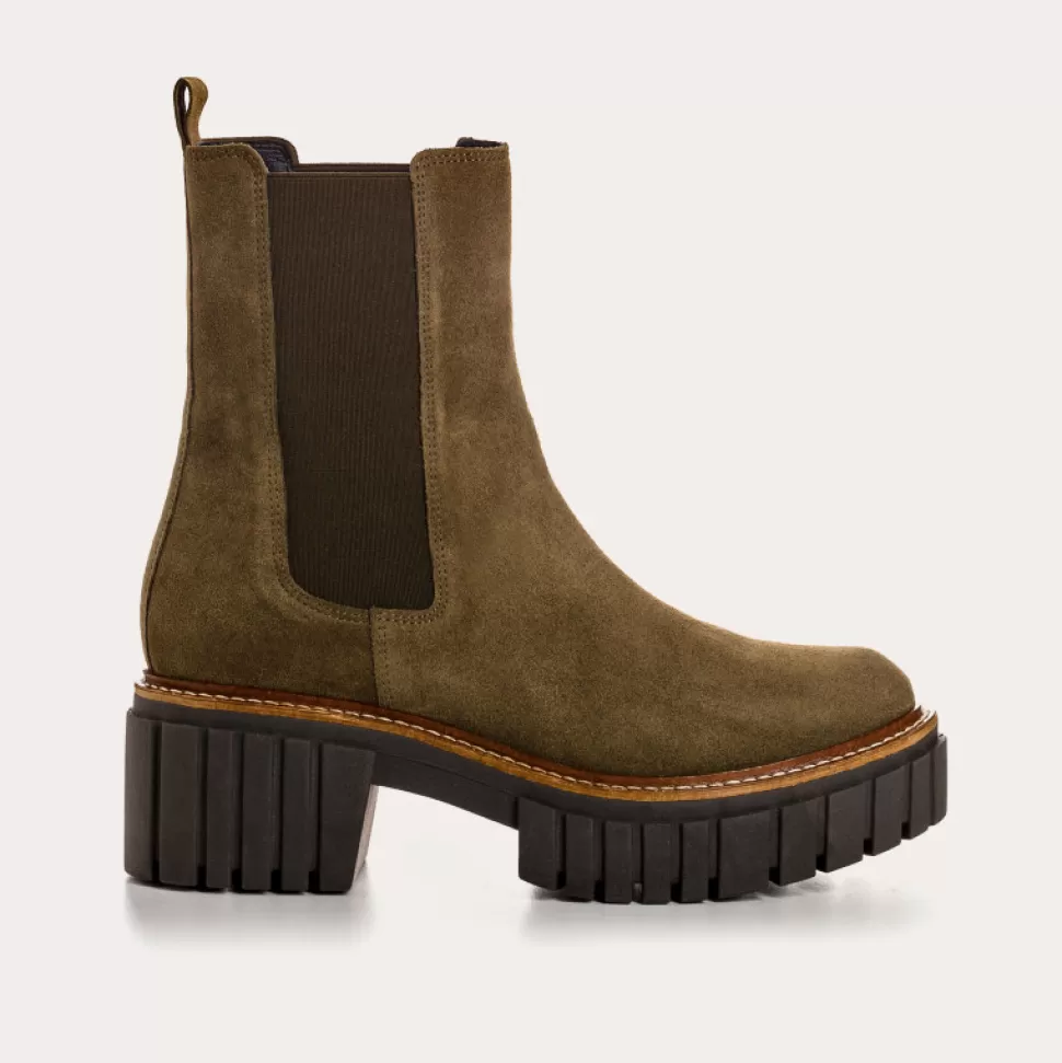 Boots^Reqins Boots Basea Cuir Velours Vert, Kaki