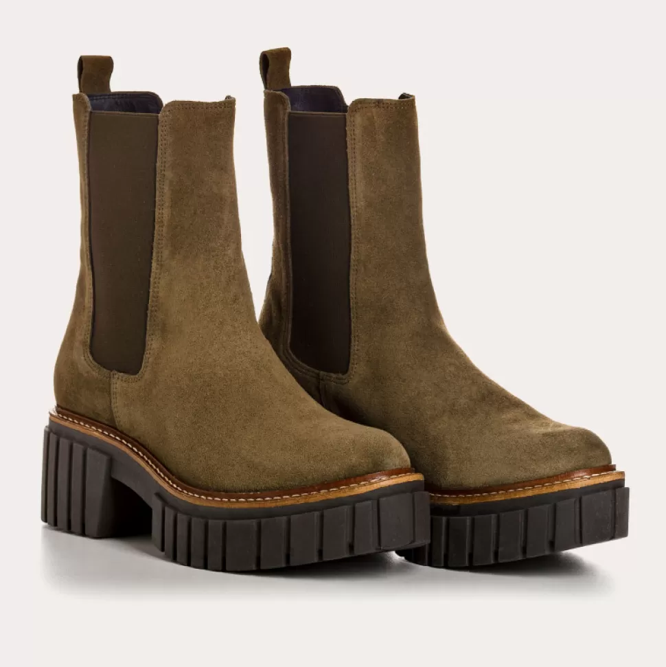 Boots^Reqins Boots Basea Cuir Velours Vert, Kaki