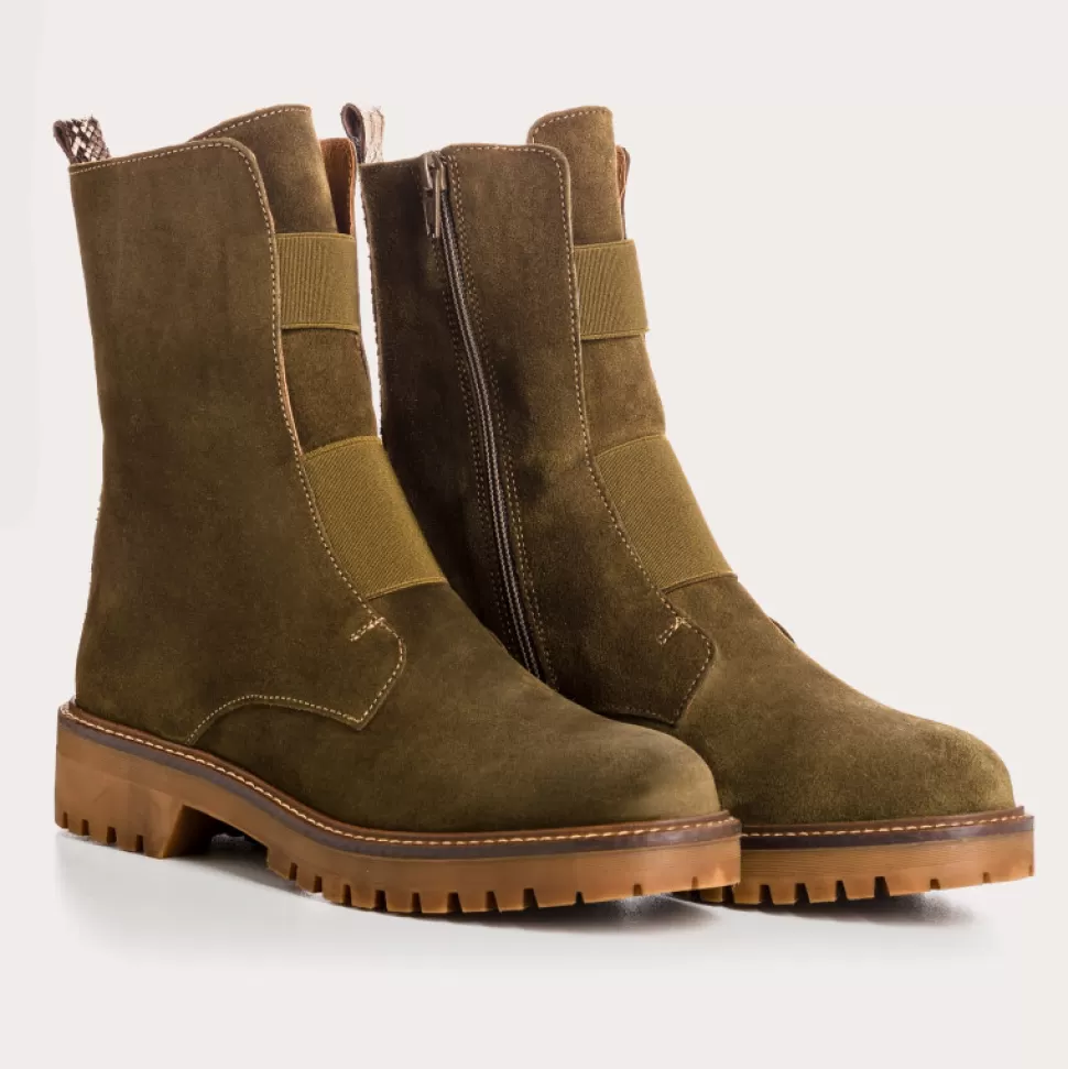 Boots^Reqins Boots Dusky Cuir Velours Vert, Kaki