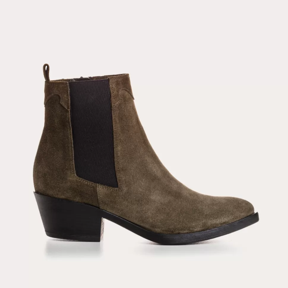 Boots^Reqins Boots Elioth Cuir Velours Vert, Kaki