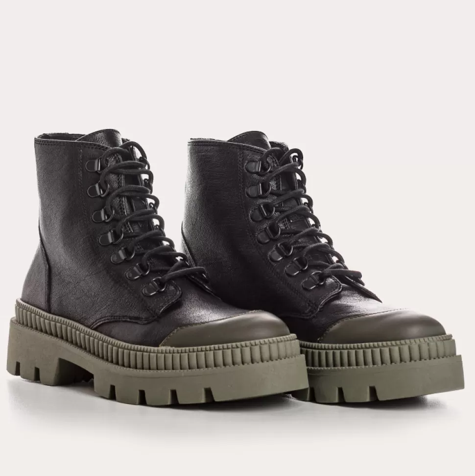 Boots^Reqins Boots Eureka Cuir Noir, Noir/Kaki