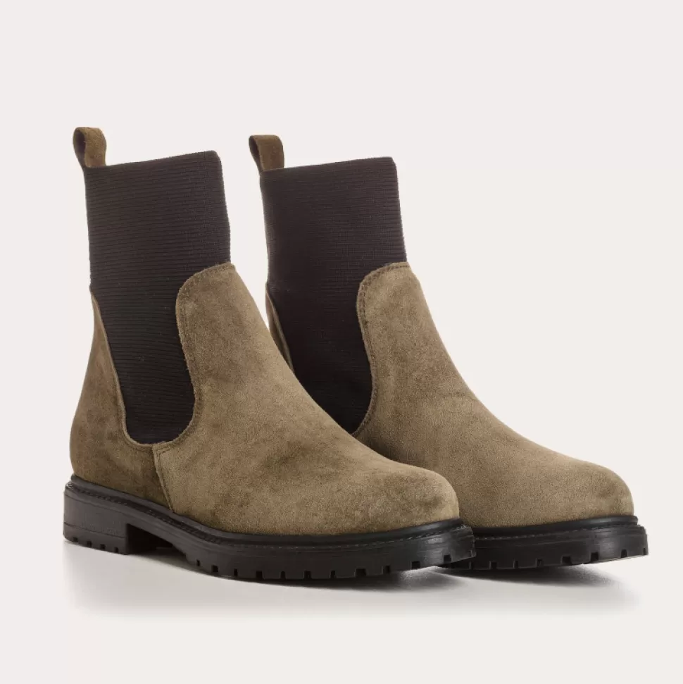 Boots^Reqins Boots Evelyn Cuir Velours Vert, Kaki