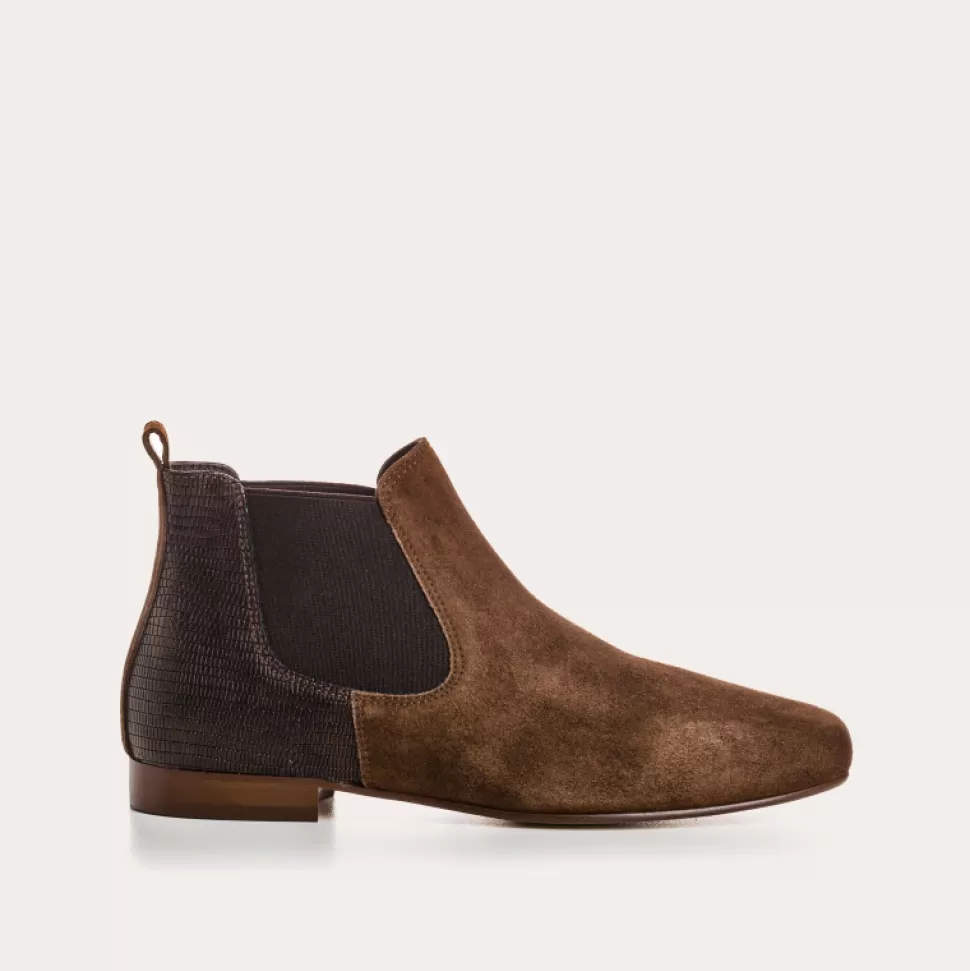 Boots^Reqins Boots Lizette Cuir Velours/Lezard Marron, Cacao