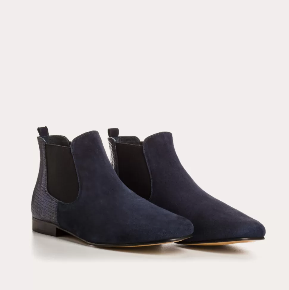 Boots^Reqins Boots Lizette Cuir Velours/Lezard Bleu, Nuit