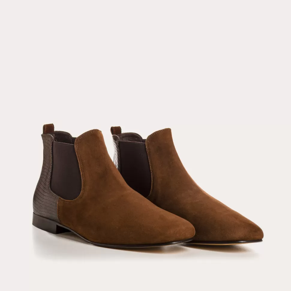 Boots^Reqins Boots Lizette Cuir Velours/Lezard Marron, Cacao