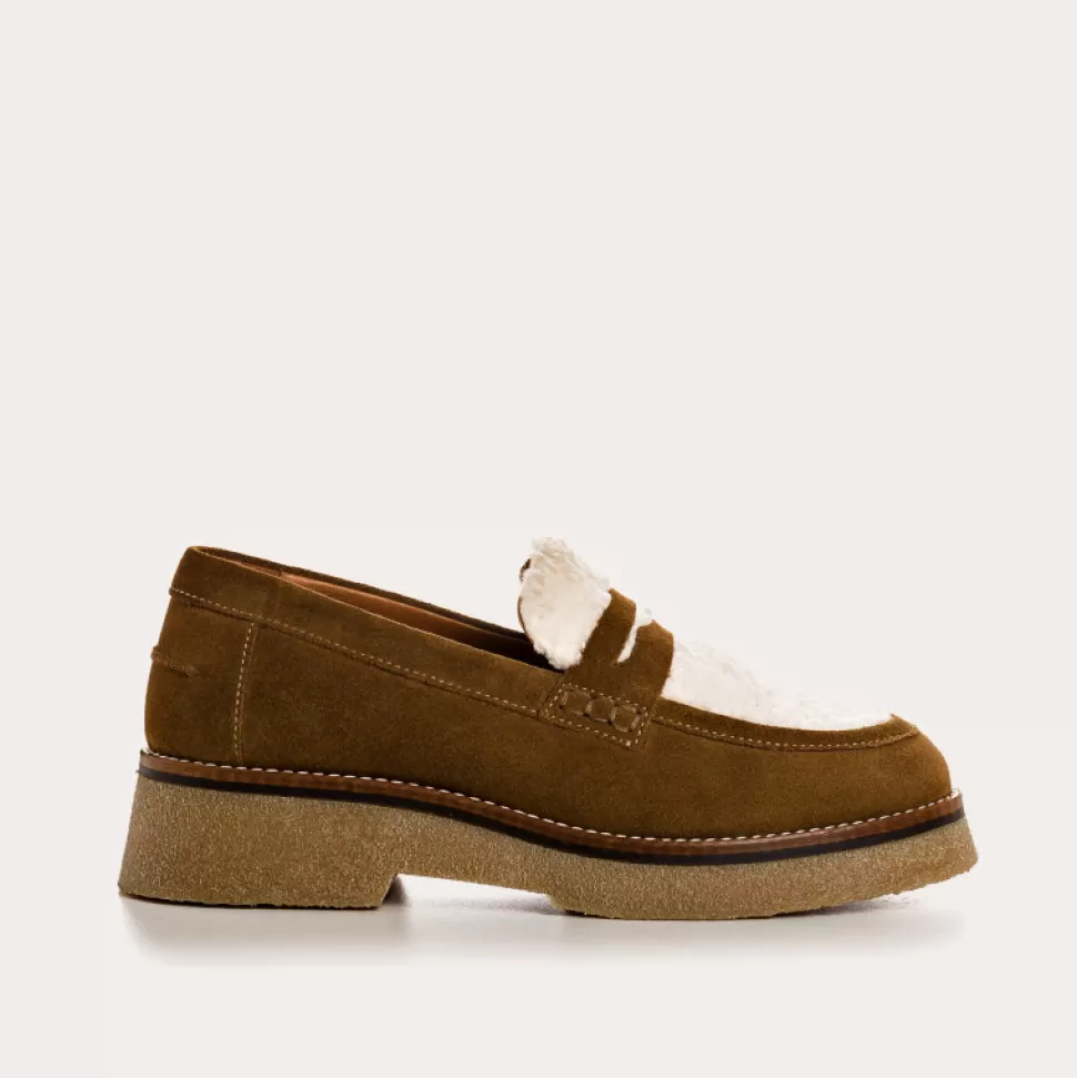 Mocassins^Reqins Mocassins Abelia Cuir Velours/Teddy Beige, Noisette