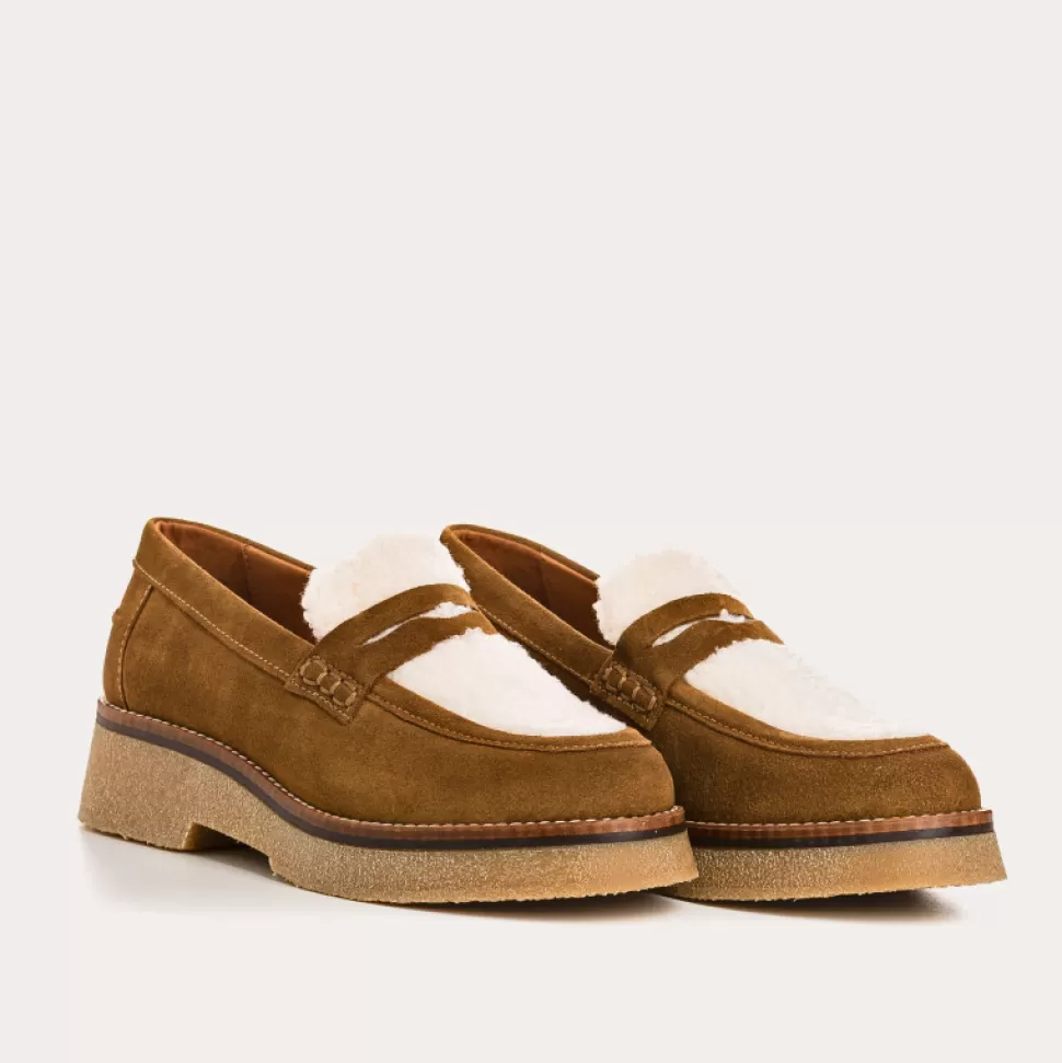 Mocassins^Reqins Mocassins Abelia Cuir Velours/Teddy Beige, Noisette