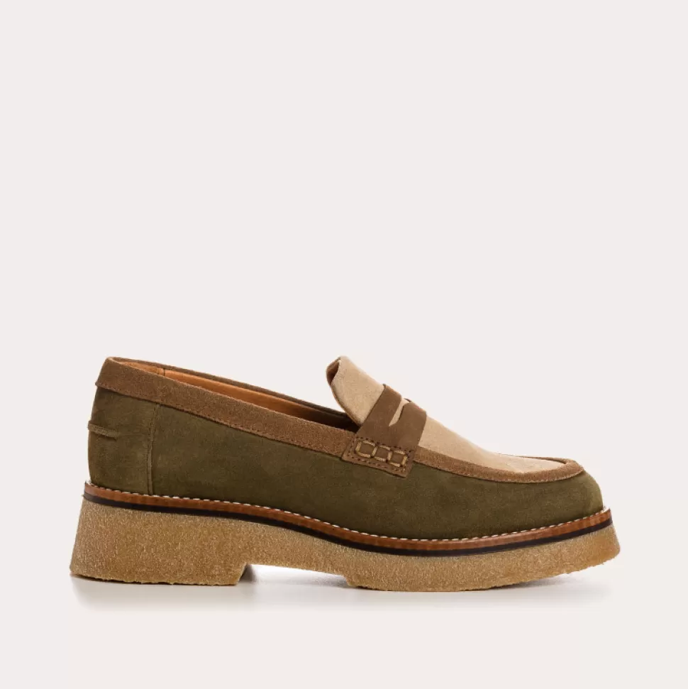 Mocassins^Reqins Mocassins Abelia Mix Cuir Velours Multicolore, Kaki/Beige