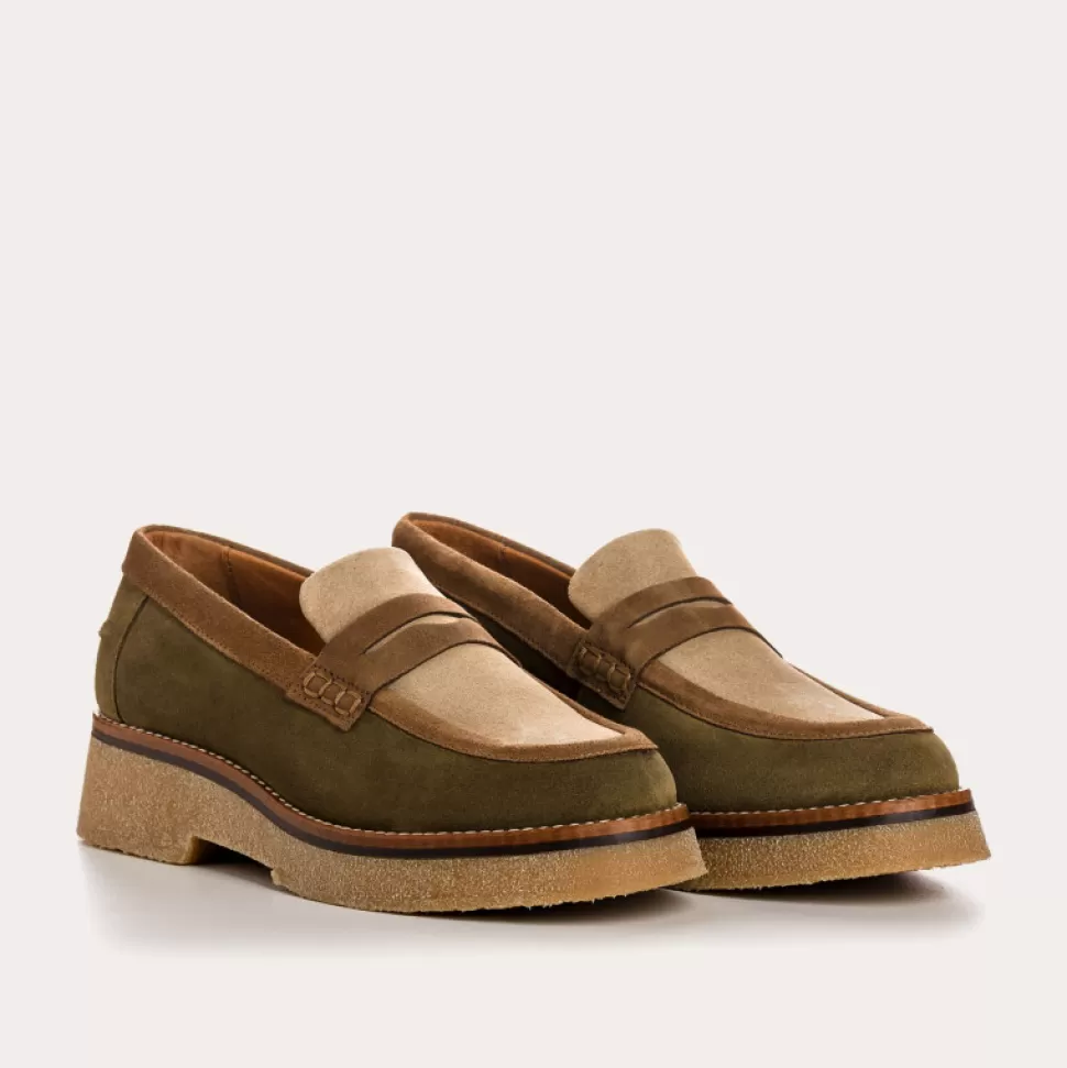 Mocassins^Reqins Mocassins Abelia Mix Cuir Velours Multicolore, Kaki/Beige